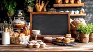 Bakery shop with Clean blackboard with easel on top of wooden table with blurry cafe restaurant background. For the idea, Copy space for menu text on the blackboard photo