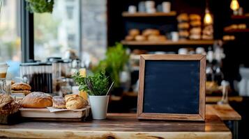Bakery shop with Clean blackboard with easel on top of wooden table with blurry cafe restaurant background. For the idea, Copy space for menu text on the blackboard with your products photo