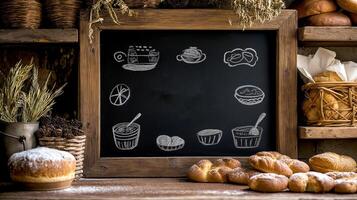 Bakery shop with menu blackboard on top of wooden table with blurry cafe restaurant background. For the idea, Copy space for menu text on the blackboard with your products aside on the table. photo