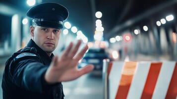 A border officer in uniform raises his hand to stop passage at a checkpoint, symbolizing border control, immigration enforcement, and security measures. Defocused lights add tension. . photo