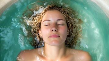 A woman relaxing in an ice bath pod, eyes closed, floating in water. Cold therapy for recovery, wellness, and muscle repair. Refreshing hydrotherapy experience for endurance and healing. photo