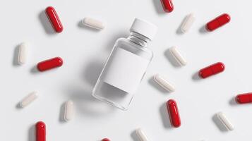 The image features a clear glass bottle with a white label in the center, surrounded by scattered red and white capsules on a white background. photo