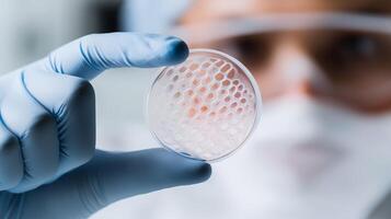 A scientist in sterile gloves examines artificial skin tissue in a laboratory. The innovative biopolymer structure suggests advancements in skin grafts, wound healing, and regenerative medicine. photo