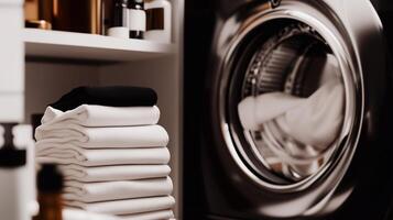 A neatly folded stack of clean laundry next to a washing machine, symbolizing freshness, cleanliness, and home organization. . photo