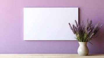 Blank white canvas on lavender wall, accompanied by vase of fresh lavender flowers on wooden shelf, space for text or artwork display, ideal for home decor inspiration, art galleries photo