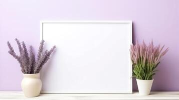 Blank white frame centered between two vases of dried lavender flowers against soft purple backdrop, simplicity and pastel tones evoke sense of calm, perfect for home decor, wellness, lifestyle themes photo