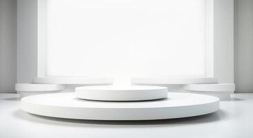 White circular stage or display platform illuminated by natural light for stand sample products or objects, podium surrounded by series of rounded steps, versatile space for product presentations photo