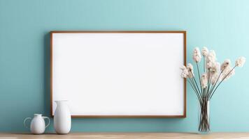 Large blank whiteboard with copy space framed in light wood, mounted on teal wall, two vases and glass vase with fluffy flowers on wooden shelf, ideal for showcasing art, messages, or advertisements photo