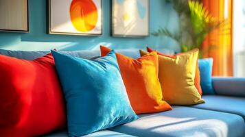 Vibrant living room design in rich and diverse color palette, blue sofa with colorful cushions in red, blue, orange, and yellow, on wall behind are modern art pieces that add artistic touch to room photo