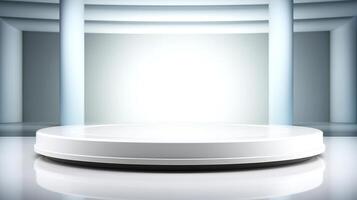 White circular stage podium for stand sample products or objects, platform surrounded by tall, blue columns in background, versatile space for creative purposes, product presentations, exhibitions photo