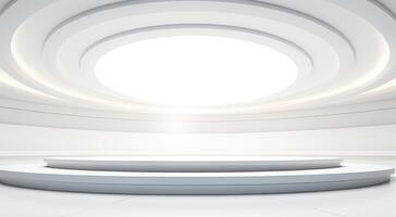 White circular stage podium for stand sample products, bright ambient light falls from rounded ceiling on platform for innovation and sophistication objects, versatile space for product presentations photo