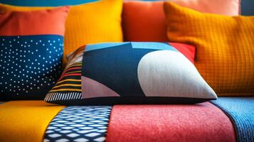 Close-up view of colorful cushions arranged on sofa, detailed texture of fabric and intricate designs on cushions, ideal for home decor social media, online retail or catalogs, interior design website photo