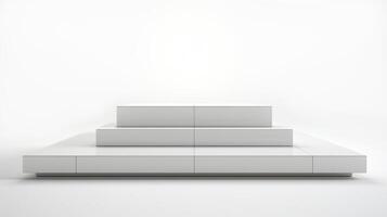 Rectangular white stage podium for stand sample products or objects, platform stands against white background, podium has three levels with clean lines and edges, versatile space for creative purposes photo