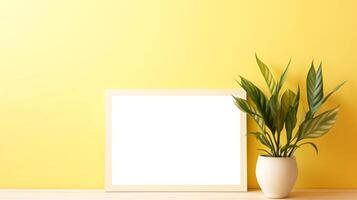 Blank white frame with copy space leaning against vibrant yellow wall, accompanied by lush green plant in white pot, simplicity and is ideal for showcasing art, messages, or advertisements photo