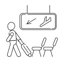 Arrival area icon . Airport transit zone sign in outline style is shown. Man pulling suitcase. Dashboard with airline vector