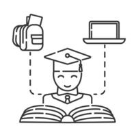 Student icon . Online library, lesson, conference, tutorials with books, laptop is shown. Modern symbol for website, landing page and app is presented. Distant school vector