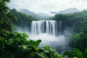 A breathtaking waterfall cascades through lush greenery, enveloped by misty mountains, creating a serene and tranquil natural scene. photo