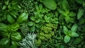 A vibrant assortment of fresh green herbs, including basil, mint, and sage, arranged beautifully, showcasing their rich textures and hues. photo