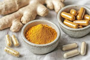 A close-up of ginger roots, turmeric powder, and dietary capsules arranged in small dishes, highlighting natural health and wellness ingredients. photo
