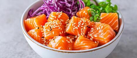 A vibrant bowl of sushi-grade salmon cubes garnished with sesame seeds, purple cabbage, and green onions, showcasing fresh and colorful ingredients. photo