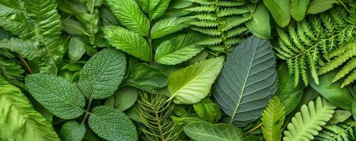 A vibrant collection of various green leaves, showcasing different textures and shapes, creating a lush and natural aesthetic. photo