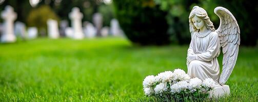 A serene angel statue surrounded by flowers in a lush green cemetery, evoking feelings of peace and remembrance. photo