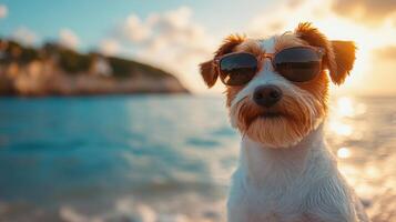 Dog wearing sunglasses enjoys a sunny beach day near the water in a coastal location during evening hours photo