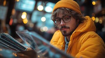 Young man wearing yellow jacket and beanie reads magazines in a cozy cafe during evening hours photo