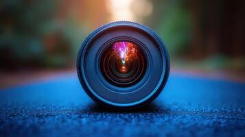 Focus on a camera lens capturing colorful lights in a natural setting during sunset photo