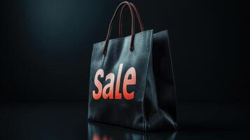 Black shopping bag with sale sign on display against dark background highlighting promotional offer photo