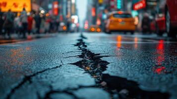 Cracked street pavement reveals damage in busy urban area during a rainy day photo
