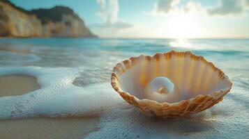 Shell with pearl rests on sandy beach as waves gently roll in at sunset photo