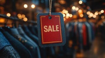 Discount tag hanging in a busy retail shop showcasing various clothing items during a weekday sale photo