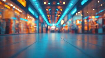 Shopping arcade illuminated by vibrant lights at night, creating a lively atmosphere for visitors photo