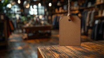 Rustic retail setting with a price tag hanging in focus inside a clothing store during the day photo