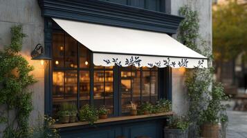 Storefront features a charming awning and plants, inviting visitors to enjoy the outdoor ambiance in a cozy neighborhood setting photo