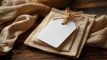 Crafting unique packaging with linen napkins and blank tags on a rustic wooden table photo