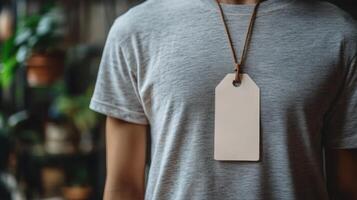Person wearing gray shirt with blank tag hanging around neck in a cozy indoor setting photo