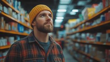 Man looking thoughtfully in a store aisle with shelves filled with products during daytime photo