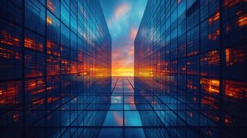 Stunning reflection of sunset between modern glass skyscrapers in urban setting photo