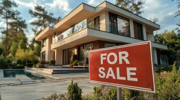 Modern luxury home for sale in a tranquil neighborhood with a beautiful garden and swimming pool photo