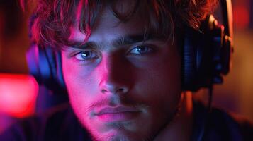 Young gamer focused on screen in a dimly lit room with colorful lights during nighttime gaming session photo
