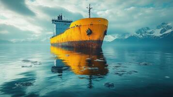 Bright yellow cargo ship floats peacefully in tranquil waters with mountains in the background on a cloudy day photo