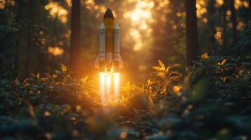 Rocket launches through a forest at sunset, symbolizing exploration and adventure in a natural setting photo