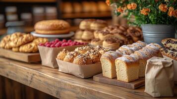 Freshly baked goods displayed on a wooden table in a cozy bakery during morning hours photo