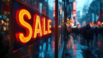 Bright neon sale sign shines in rainy street with blurred shoppers in busy urban setting during evening hours photo