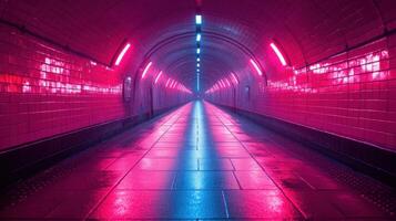 Vibrant neon lights illuminate a long tunnel, creating an otherworldly atmosphere at night photo