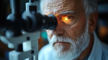 Experienced ophthalmologist examining patient's eye with modern equipment in a clinical setting photo