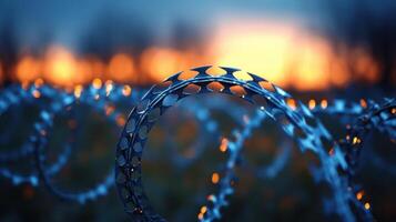 Barbed wire coils illuminated by sunset glow in a rural setting showcasing contrast between nature and security measures photo