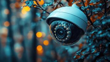 Security camera mounted on branch, capturing nighttime ambiance with blurred lights in the background photo